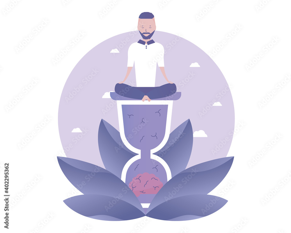 A man is meditating to grow a brain. Vector illustration for telework, remote working and freelancing, business, start up, social media and blog
