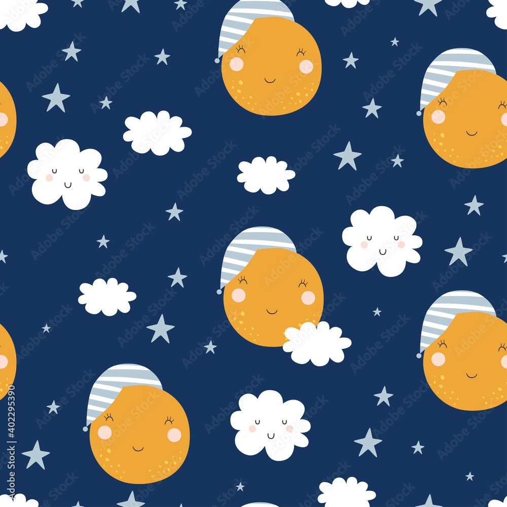 Seamless childish pattern with moons, clouds and starry sky. Creative kids texture for fabric, wrapping, textile, wallpaper, apparel. Vector illustration 