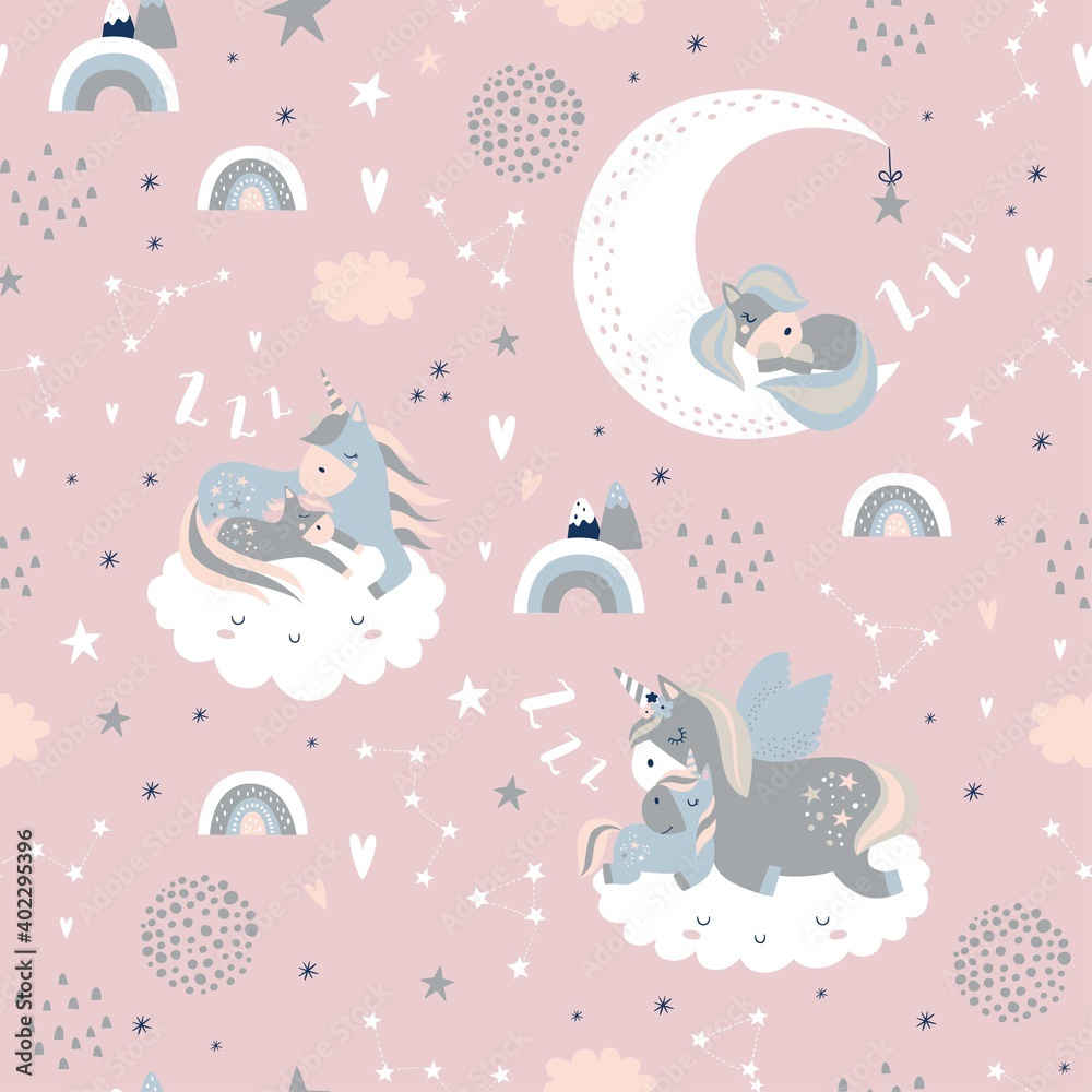 Seamless childish pattern with sleeping unicorns, clouds, rainbow, moon and stars. Creative kids texture for fabric, wrapping, textile, wallpaper, apparel. Vector illustration