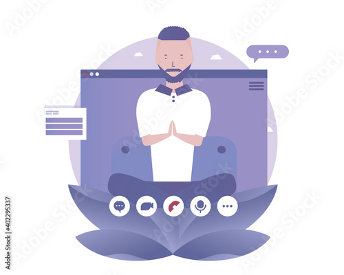 A man is meditating online in blog. Vector illustration for telework, remote working and freelancing, business, start up, social media and blog
