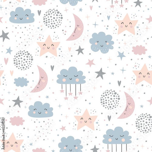 Seamless childish pattern with moons, clouds, rainbows and starry sky. Creative kids texture for fabric, wrapping, textile, wallpaper, apparel. Vector illustration 