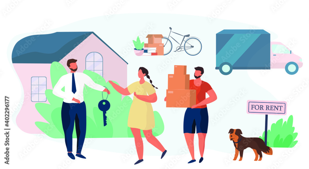 People carrying cardboard boxes. Family moving packing boxes and stuff. Family Moving into New House. Relocation Process. Moving truck on background. Cartoon Flat Vector Illustration