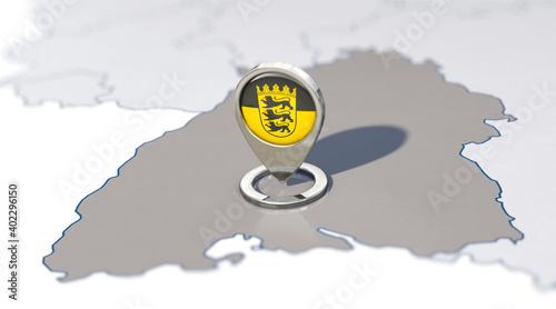 Bundesland Baden-Württemberg und Navigationspin mit Baden-Württemberg-Fahne
