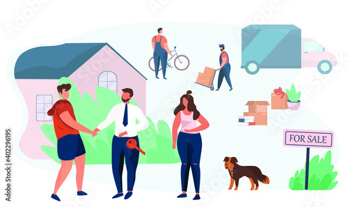 Family Buy House.House For Sale.Realtor Gives Keys to Family.Property Selling.Buying Real Estate Apartments.Moving Home.Moving truck on Background.Relocation Process.Flat Vector Illustration 