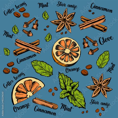 Pattern of mulled wine elements: cinnamon, citrus, lemon, orange, cloves, mint, coffee beans, star anise. Hand drawn vector illustration.