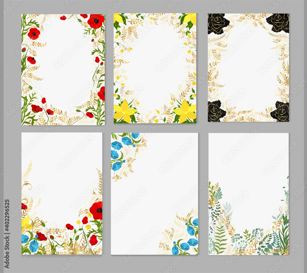 Set of cards with flowers and golden plants on a gray background. Vector postcards