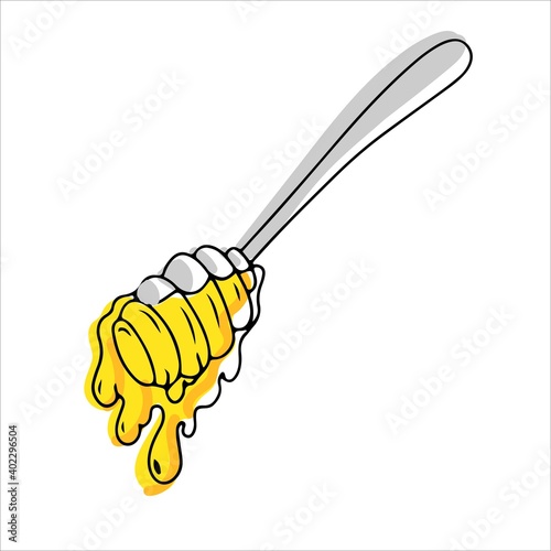 honey dipper. hand drawn honey spoon in cartoon style. bee honey or maple syrup. Vector illustration isolated on white background.