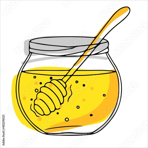 honey in a jar hand-drawn in the style of doodle. yellow and gray. natural bee honey. Vector illustration isolated on white background.
