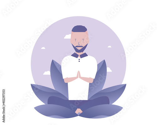 A man is meditating. Namaste. Vector illustration for telework, remote working and freelancing, business, start up, social media and blog
