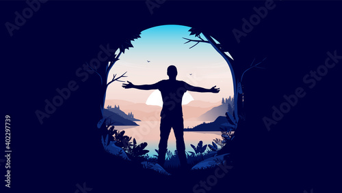Personal freedom in oval frame - Man standing with open arms welcoming a new day with sunrise and beautiful view. Carefree, happiness and feeling free concept. Vector illustration 