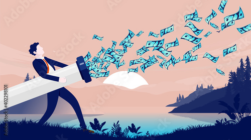 Wasting money - Businessman with pipe leaking money in to nature. Money poring out of businesses, and loosing money concept. Vector illustration.