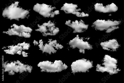 Group of clouds white fluffy for design on a isolated elements black background.