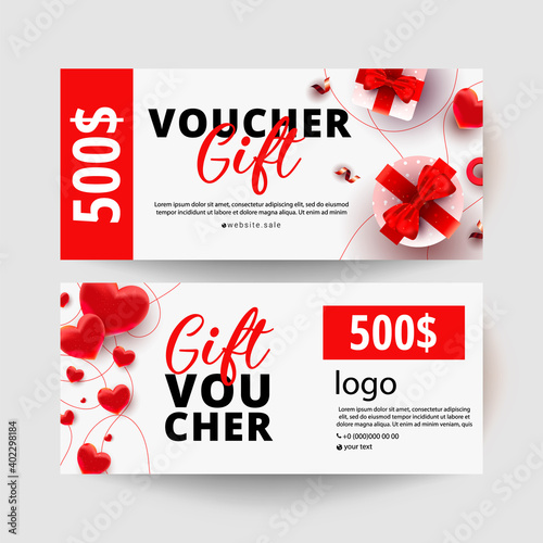 Shopping gift cards template set with gift box and 500 dollar numbers. Discount gift card coupon. Happy Valentine day vector illustration