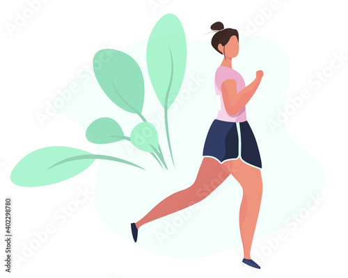 Woman character running marathon. Sport Jogging.  Girl is running around in the park, summer outdoor, race. Healthy lifestyle. Flat Vector Illustration