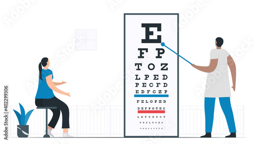 Visual acuity is testing to check and measure clarity of vision. Woman looks at Snellen chart that doctor points. Infographic for National Glaucoma Awareness Month.