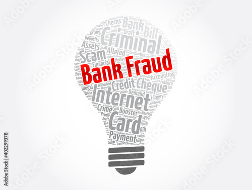 Bank fraud light bulb word cloud collage, business concept background