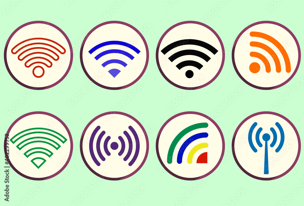 Set of wi-fi icons with different color and style isolated on white circle border vector design Set of wi-fi icons with different color and style isolated on white circle border vector design