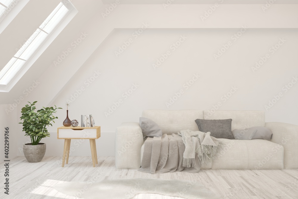White living room with sofa. Scandinavian interior design. 3D illustration