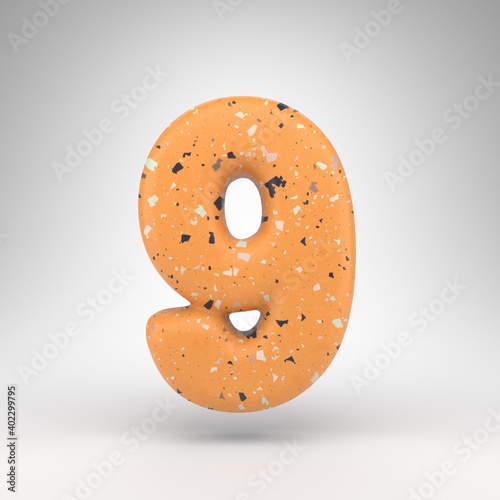 Number 9 on white background. 3D number with orange terrazzo pattern texture.