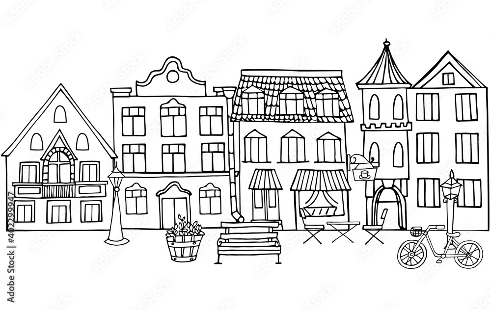 City street with front view houses. Home facades outline style, with doors, windows and balcony on white background