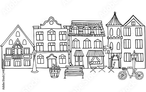 Fototapeta Naklejka Na Ścianę i Meble -  City street with front view houses. Home facades outline style, with doors, windows and balcony on white background