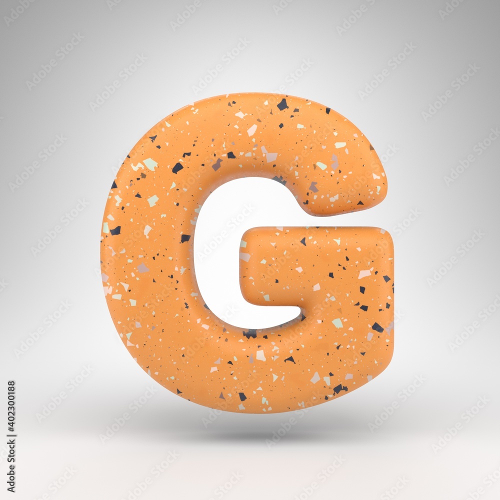 Letter G uppercase on white background. 3D letter with orange terrazzo pattern texture. Letter G uppercase on white background. 3D letter with orange terrazzo pattern texture.