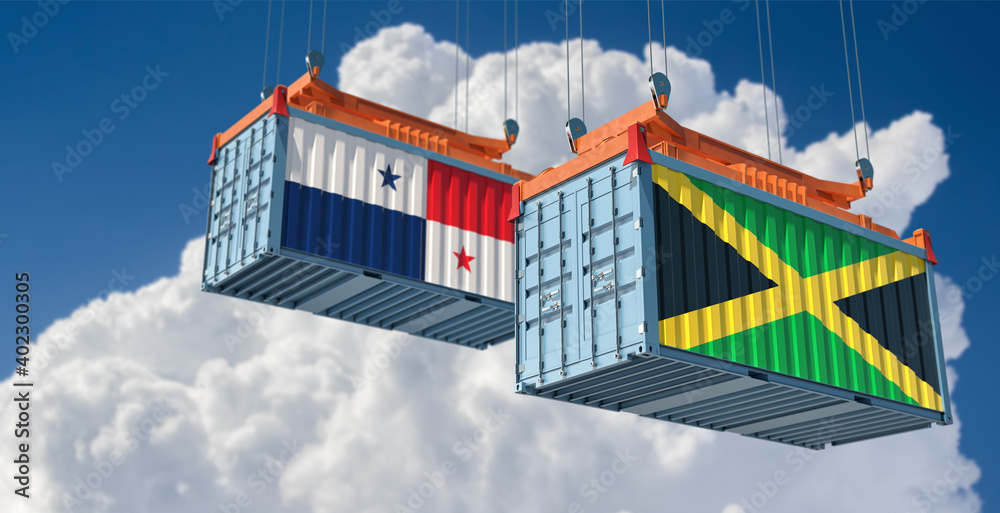 Freight containers with Jamaica and Panama national flags. 3D Rendering 