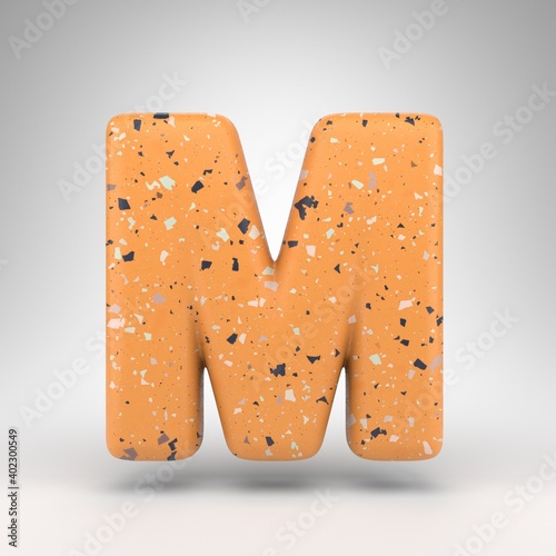Letter M uppercase on white background. 3D letter with orange terrazzo pattern texture.