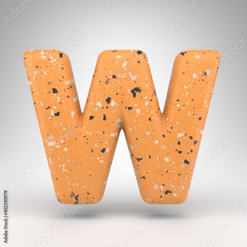 Letter W uppercase on white background. 3D letter with orange terrazzo pattern texture.