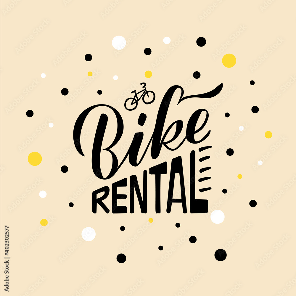 Vector illustration of bike rental brush lettering for banner, leaflet, poster, clothes, logo, advertisement design. Handwritten text for template, signage, billboard, printing, price list, flyer
