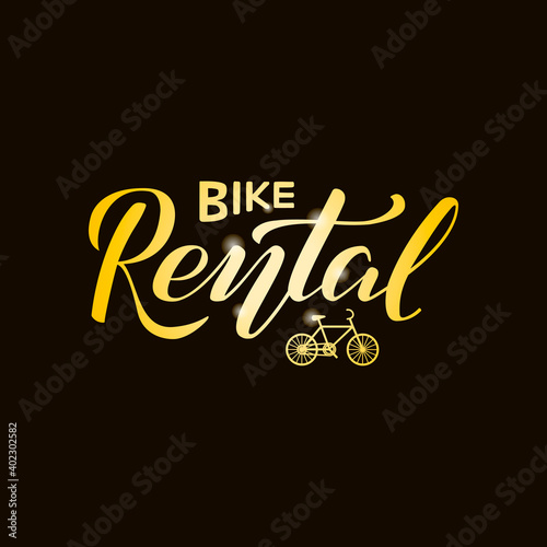 Vector illustration of bike rental brush lettering for banner, leaflet, poster, clothes, logo, advertisement design. Handwritten text for template, signage, billboard, printing, price list, flyer
