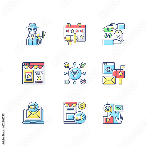 Marketing strategies RGB color icons set. Advertising product on close range area. Sending adds directly to customers. Isolated vector illustrations