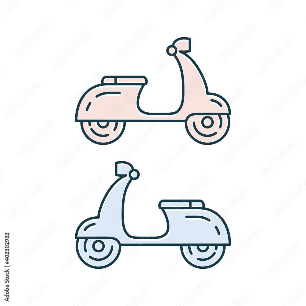 Scooter icon set. Blue and pink cute scooters collection. Vector transport isolated on white. Scooter icon set. Blue and pink cute scooters collection. Vector transport isolated on white.