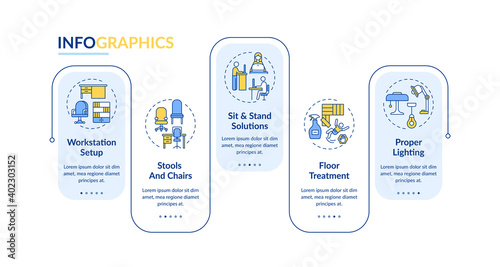 Workstation design vector infographic template. Sit and stand solutions presentation design elements. Data visualization with 5 steps. Process timeline chart. Workflow layout with linear icons