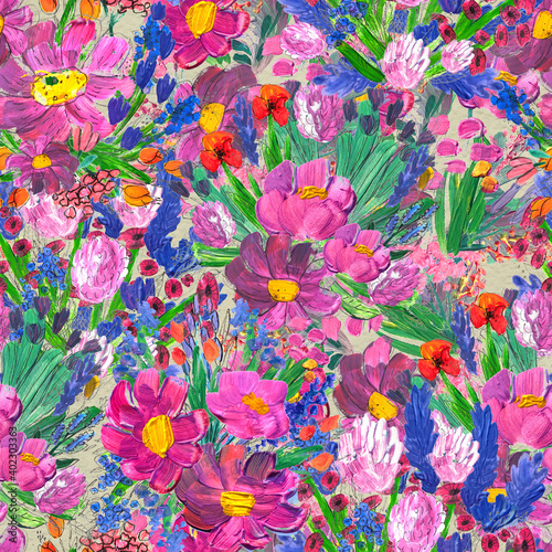 Seamless pattern with flowers. Watercolor or acrylic painting. Hand drawn floral background. © lolya1988