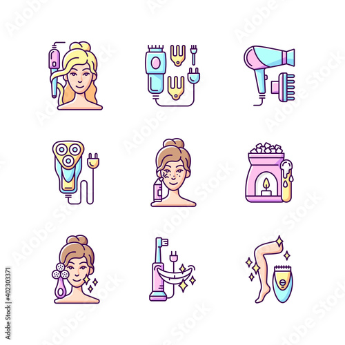 Skincare routine RGB color icons set. Hairstyling appliance. Electric hair clippers. Blackhead remover. Electric shaver. Makeup sponge. Hair dryer. Wax warmer. Epilator. Isolated vector illustrations