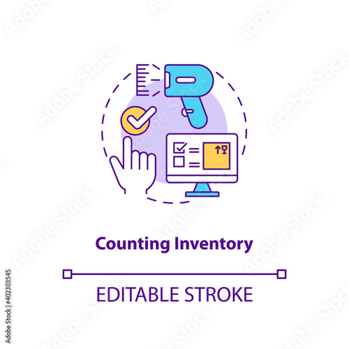 Counting inventory concept icon. Warehouse audit elements. Complete data entry after shipment. Business idea thin line illustration. Vector isolated outline RGB color drawing. Editable stroke