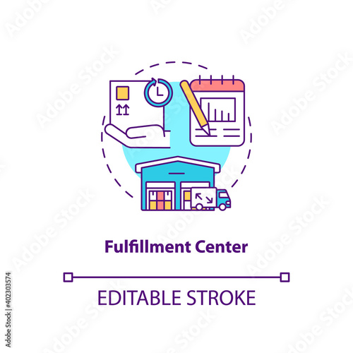 Fulfillment center concept icon. Ecommerce warehouse solutions. Packing facilities for your store. Commerence idea thin line illustration. Vector isolated outline RGB color drawing. Editable stroke