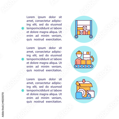 Warehouse supply management concept icon with text. Storage automation. Merchandise delivery service. PPT page vector template. Brochure, magazine, booklet design element with linear illustrations