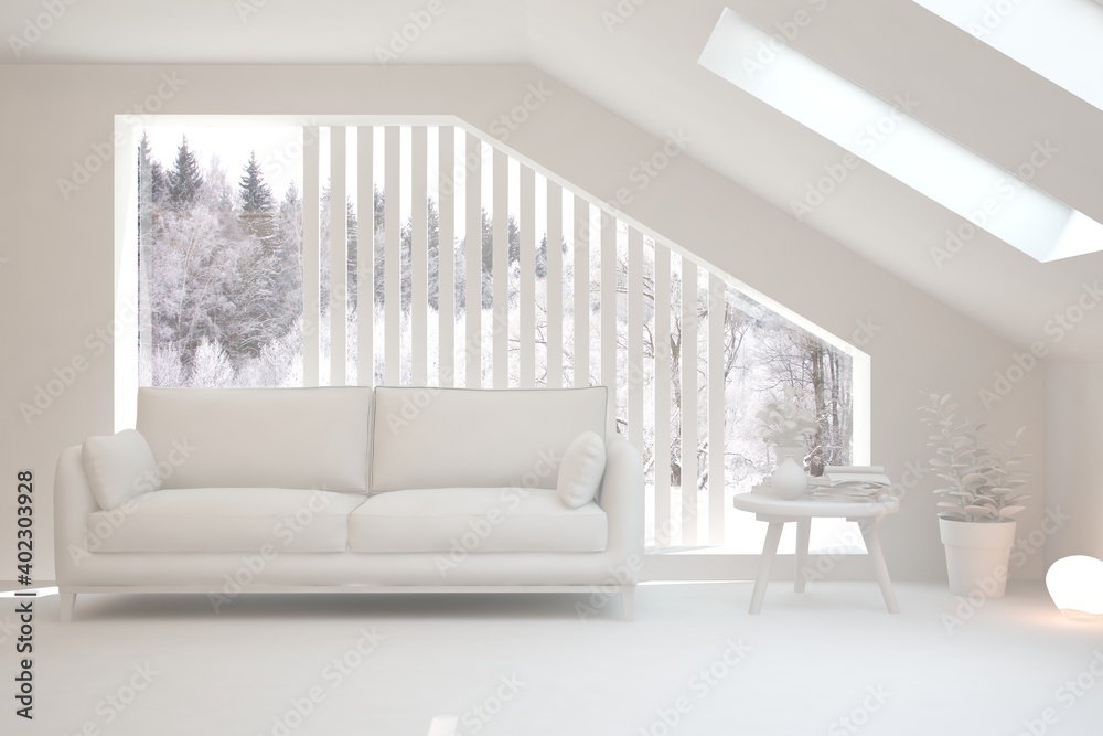 Fototapeta premium Mock up of stylish room in white color with sofa and winter landscape in window. Scandinavian interior design. 3D illustration
