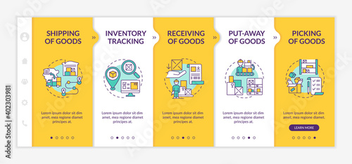 Order delivery onboarding vector template. Goods receiving. Warehouse management. Storehouse service. Responsive mobile website with icons. Webpage walkthrough step screens. RGB color concept