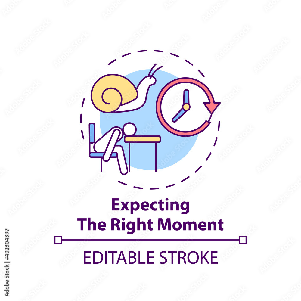 Right moment expecting concept icon. Procrastination reason idea thin line illustration. Performing tasks at time. Waiting for perfect time. Vector isolated outline RGB color drawing. Editable stroke Right moment expecting concept icon. Procrastination reason idea thin line illustration. Performing tasks at time. Waiting for perfect time. Vector isolated outline RGB color drawing. Editable stroke