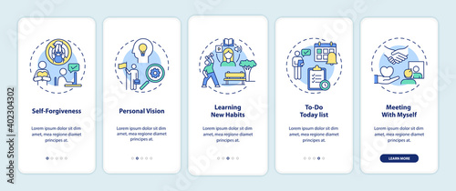 Fighting procrastination methods onboarding mobile app page screen with concepts. To-do list, learning habits walkthrough 5 steps graphic instructions. UI vector template with RGB color illustrations