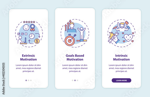 Motivation types onboarding mobile app page screen with concepts. Extrinsic and intrinsic motivation walkthrough 3 steps graphic instructions. UI vector template with RGB color illustrations