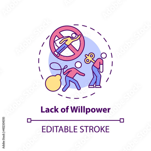 Willpower lacking concept icon. Procrastination reason idea thin line illustration. No motivation. Low ambition. Apathy feeling. Vector isolated outline RGB color drawing. Editable stroke