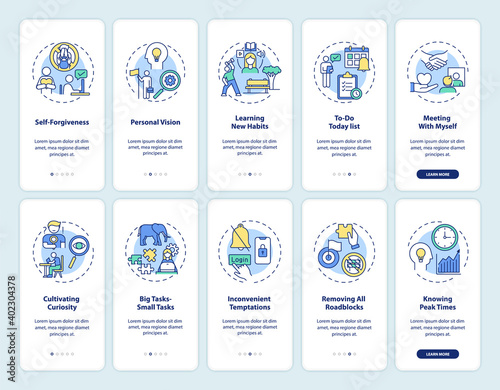 Overcoming delaying tasks habit onboarding mobile app page screen with concepts set. Fighting procrastination walkthrough 5 steps graphic instructions. UI vector template with RGB color illustrations
