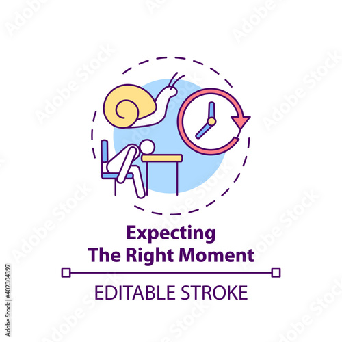 Right moment expecting concept icon. Procrastination reason idea thin line illustration. Performing tasks at time. Waiting for perfect time. Vector isolated outline RGB color drawing. Editable stroke