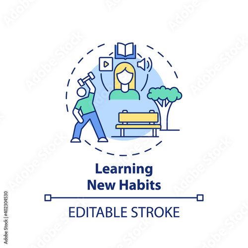 Learning new habits concept icon. Fighting procrastination idea thin line illustration. Discipline, self-control. Physical and mental health. Vector isolated outline RGB color drawing. Editable stroke