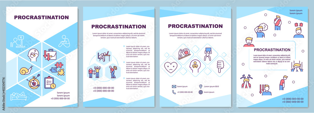 Procrastination brochure template. Flyer, booklet, leaflet print, cover design with linear icons. Delaying things. Minimize laziness. Vector layouts for magazines, annual reports, advertising posters