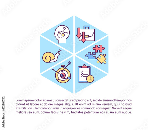 Procrastination concept icon with text. Action of delaying or postponing some work that needs to be done. PPT page vector template. Brochure, magazine, booklet design element with linear illustrations